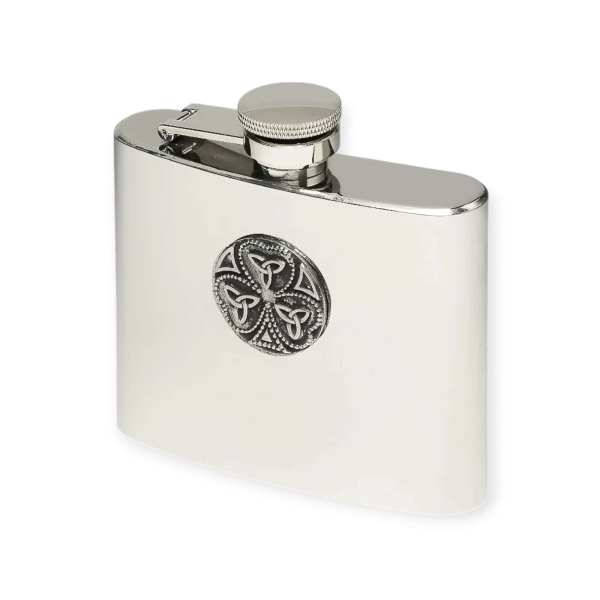 Shamrock Trinity Hip Flask – 5oz Mullingar Pewter Stainless Steel - Irish Bar/Guinness - Image 1