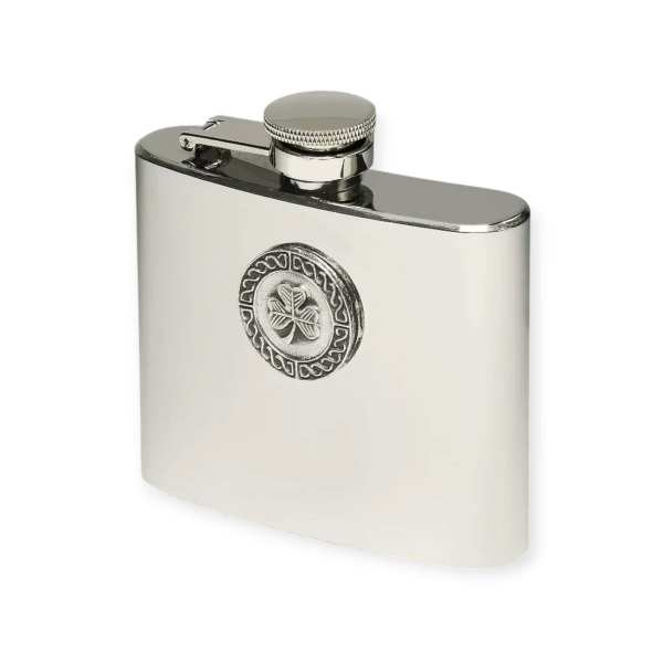 Shamrock Hip Flask – 5oz Mullingar Pewter Stainless Steel - Irish Bar/Guinness - Image 1