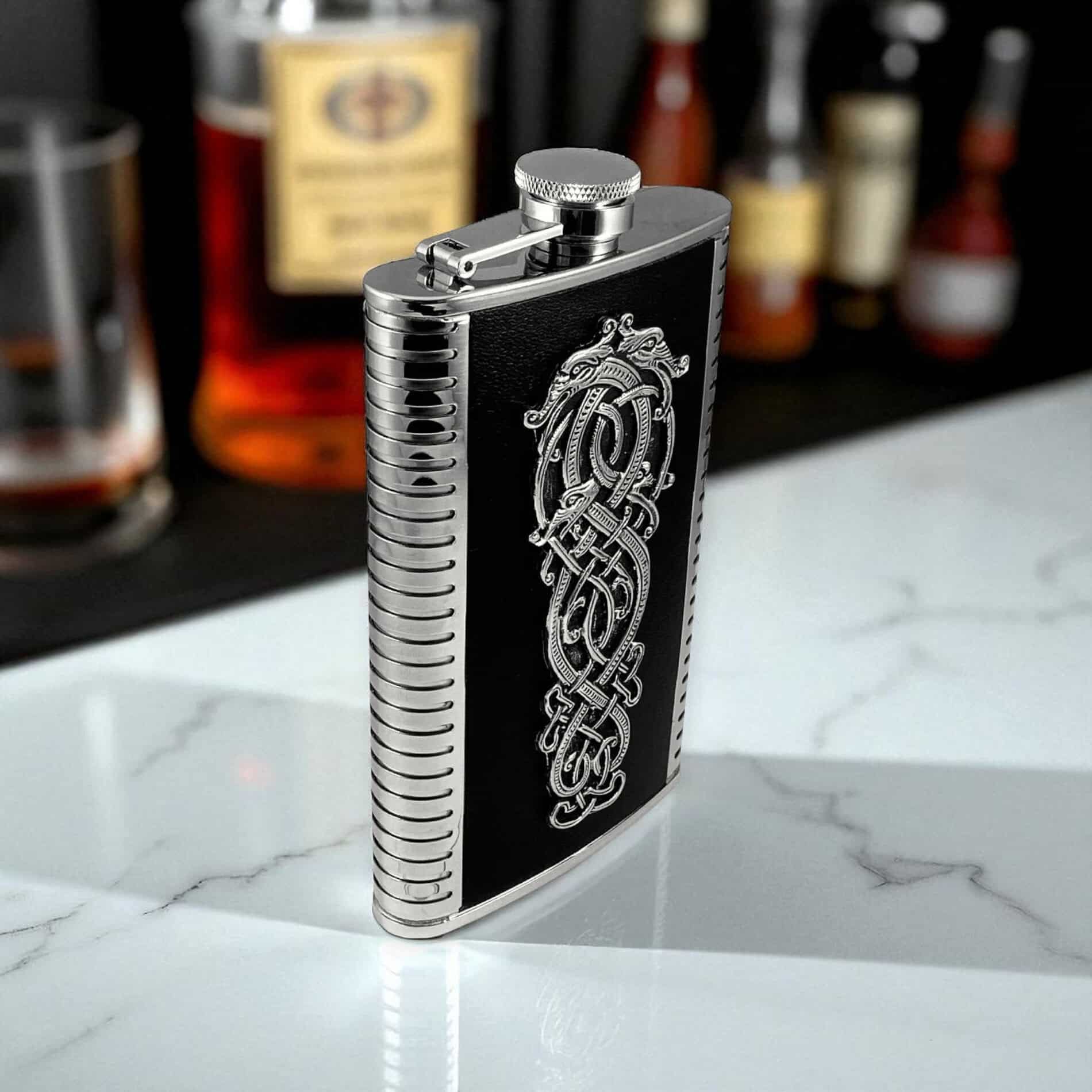 Large Celtic Dragon Leather-Wrapped Irish Hip Flask – 9oz - Irish Bar/Guinness