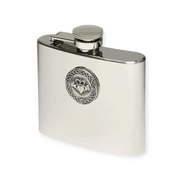 Stainless Steel 5oz Hip Flask - Claddagh Design - Irish Bar/Guinness - Image 1