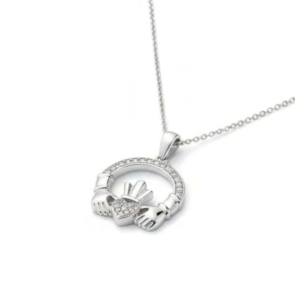 Claddagh Pendant Necklace Large - Sterling Silver with CZ - Baby & Christening Gifts