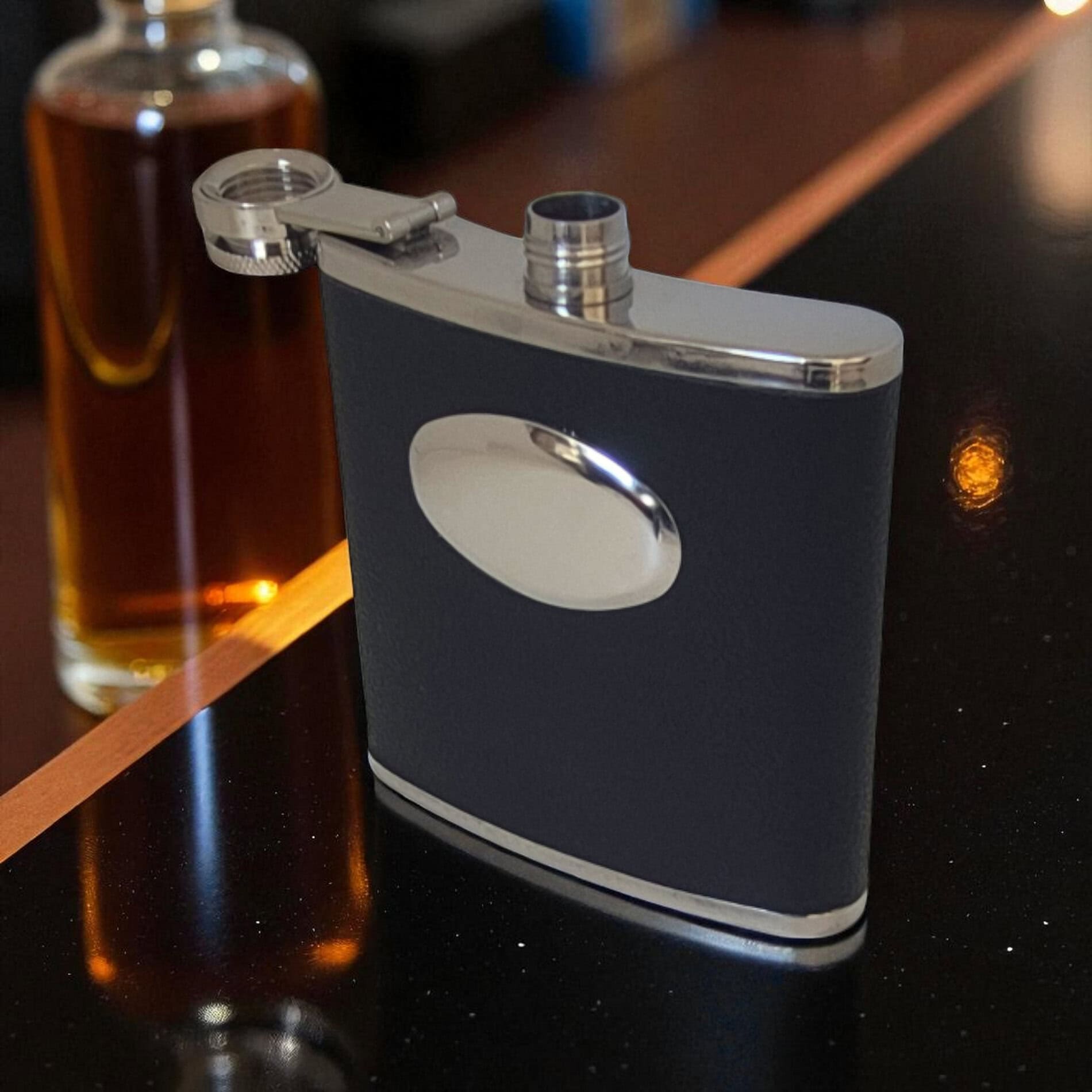 Leatherette Hip Flask with Engraving Plate – 6oz Stainless Steel - Irish Bar/Guinness - Image 1