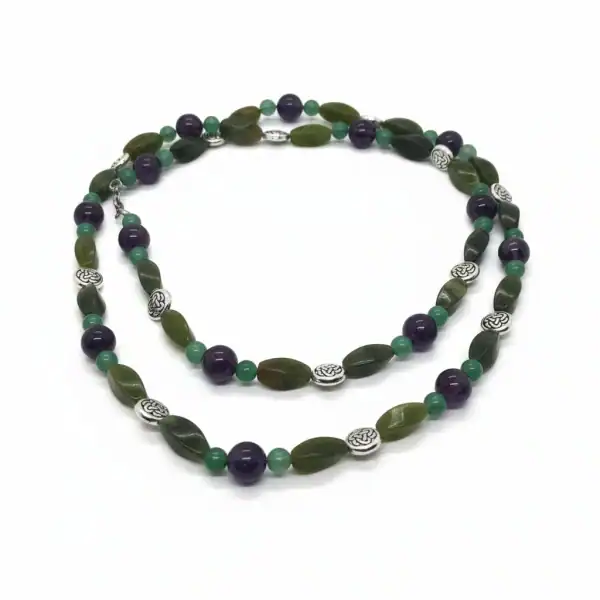 Connemara Marble, Amethyst & Aventurine Bead Necklace – 36” Long - Connemara Marble