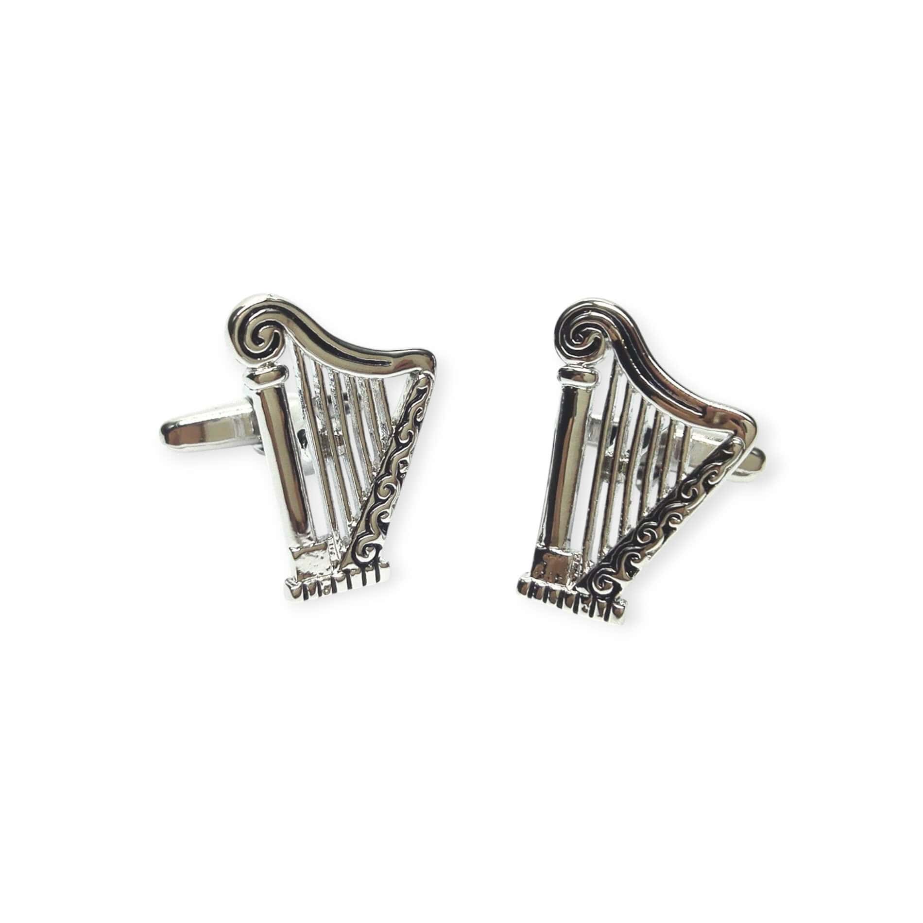 Celtic Harp Cufflinks – Silver Tone - Irish Gifts - Image 1