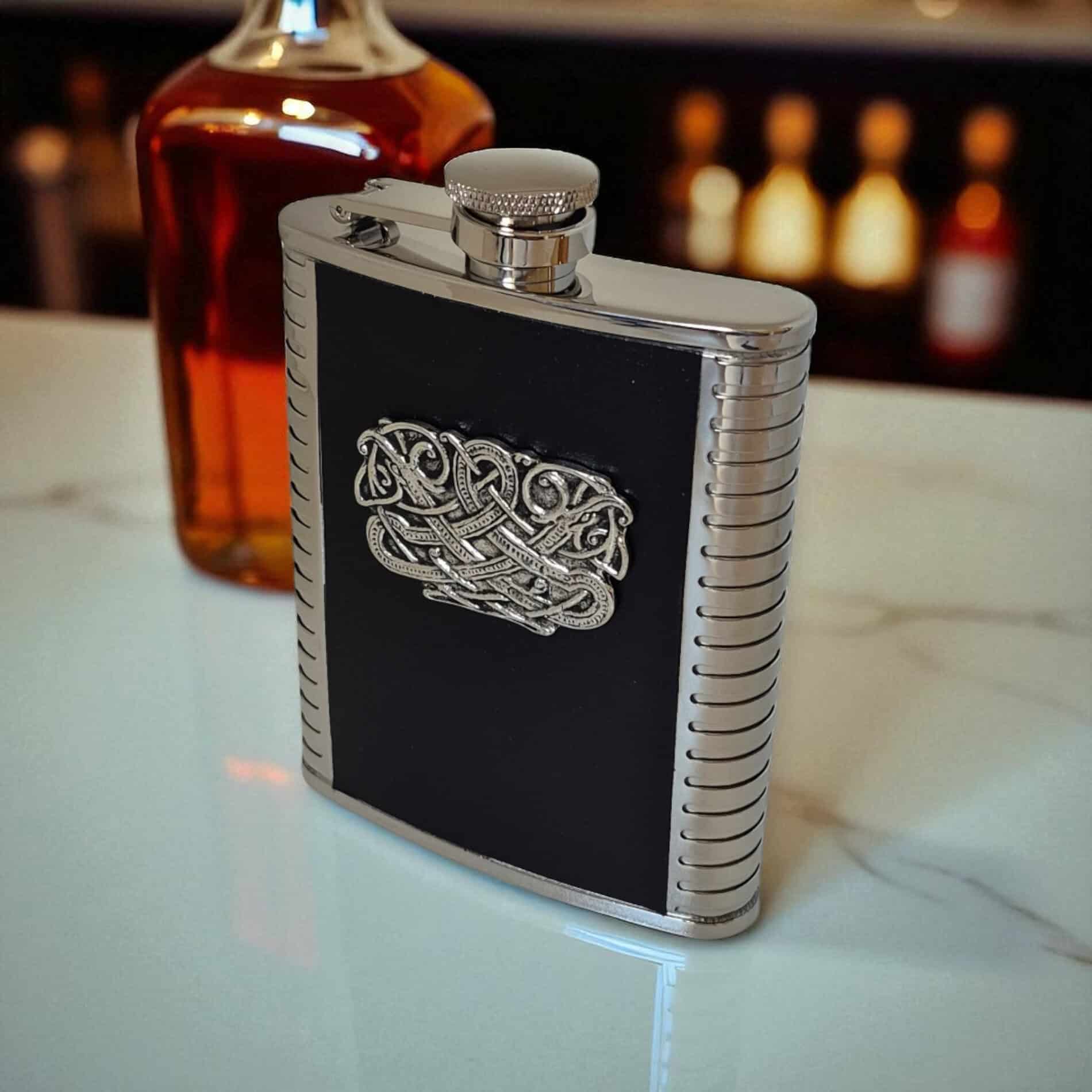 Celtic Dragon Hip Flask – Stainless Steel & Pewter (6oz) - Irish Bar/Guinness