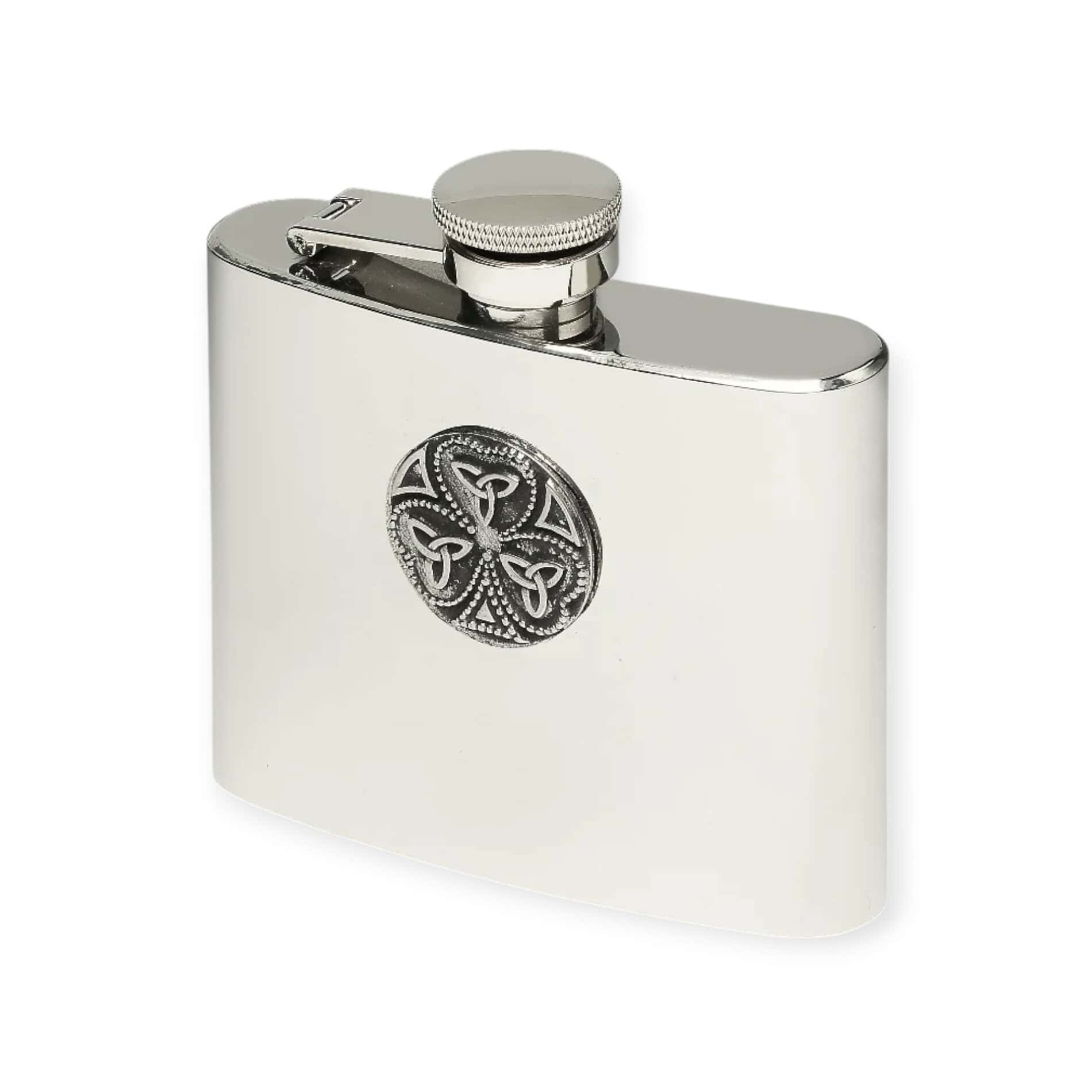 Shamrock Trinity Hip Flask – 5oz Mullingar Pewter Stainless Steel - Irish Bar/Guinness - Image 1