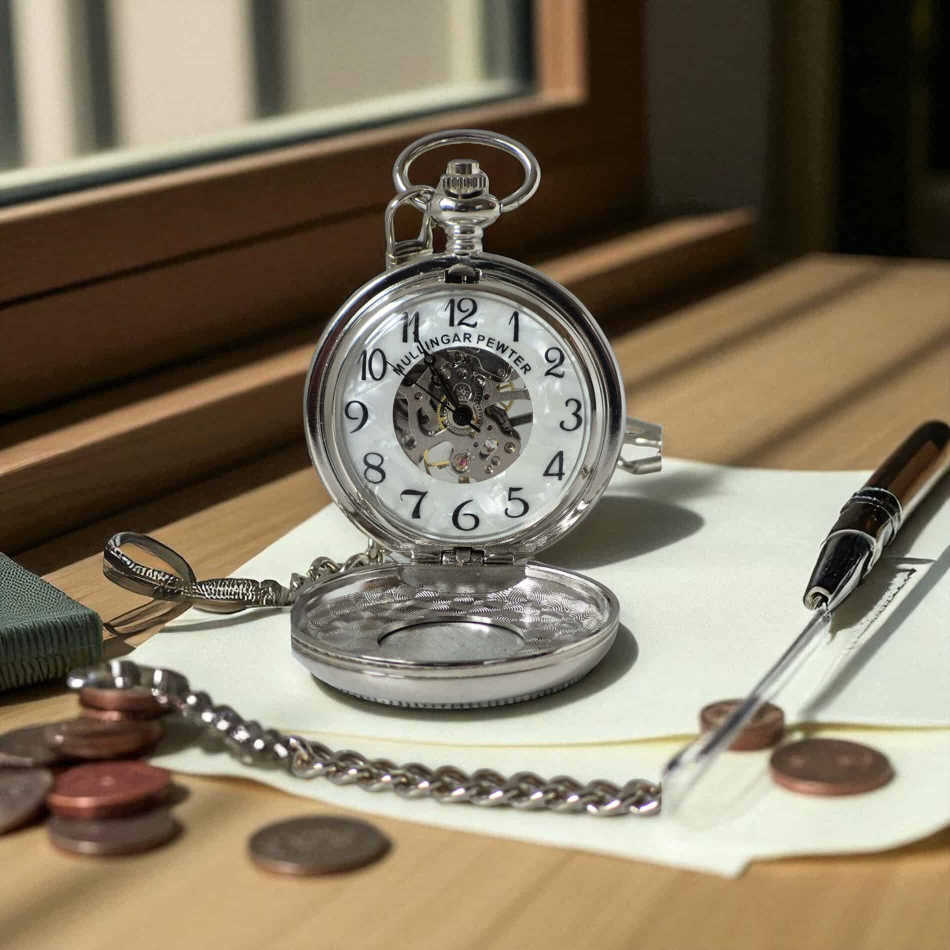 Mechanical Pocket Watch with Claddagh – Mullingar Pewter - Irish Gifts - Image 1