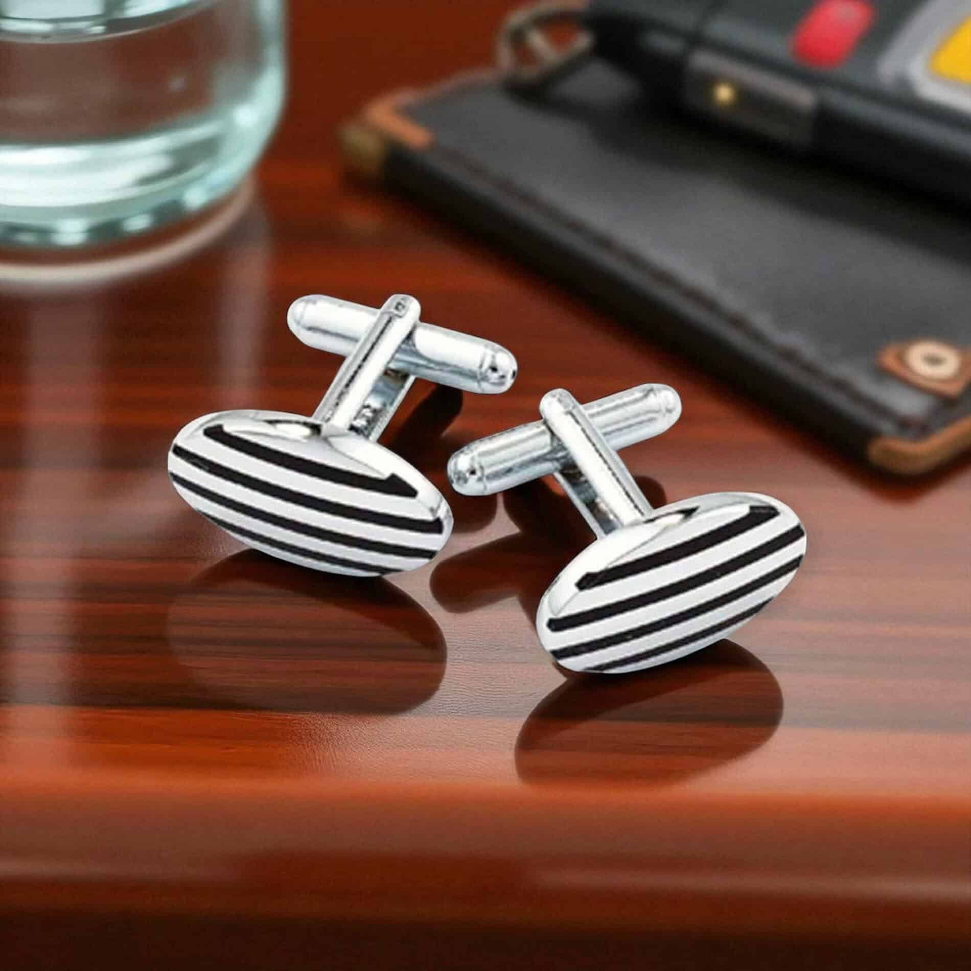 Oval Cufflinks - Silver Tone with Black Stripes - Irish Gifts