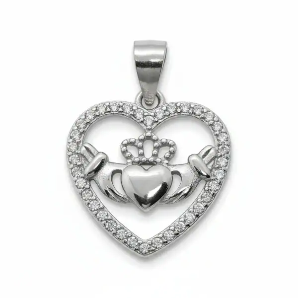 Sterling Silver Heart-Shaped Claddagh Pendant with CZ – 18” Chain - Communion Gifts