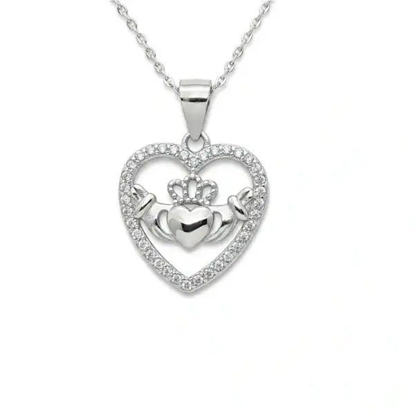Sterling Silver Heart-Shaped Claddagh Pendant with CZ – 18” Chain - Communion Gifts - Image 1
