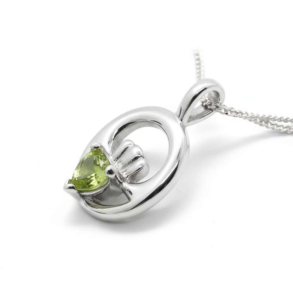 Sterling Silver Claddagh Pendant with Peridot CZ – 18” Chain - Irish Gifts - Image 1