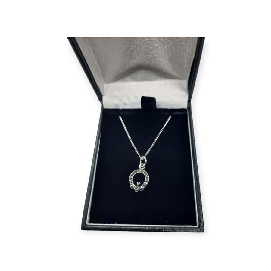 Sterling Silver and Marcasite Small Claddagh Pendant – 18” Chain - Baby & Christening Gifts - Image 1