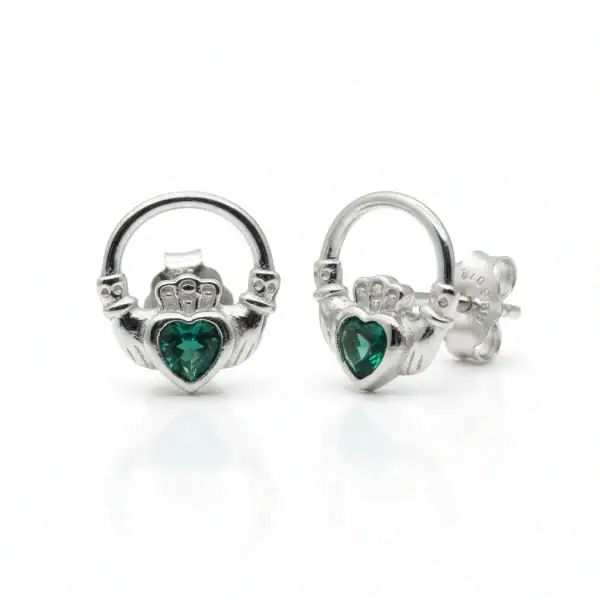 Silver Claddagh Stud Earrings with Green Stone - Communion Gifts