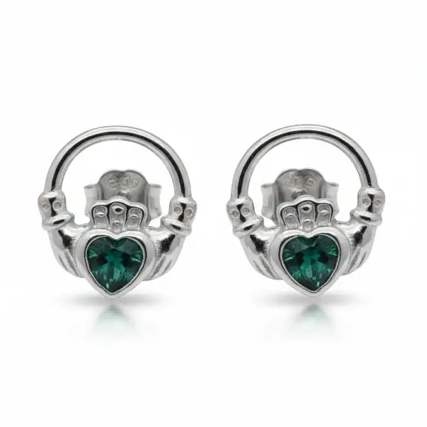 Silver Claddagh Stud Earrings with Green Stone - Communion Gifts - Image 1