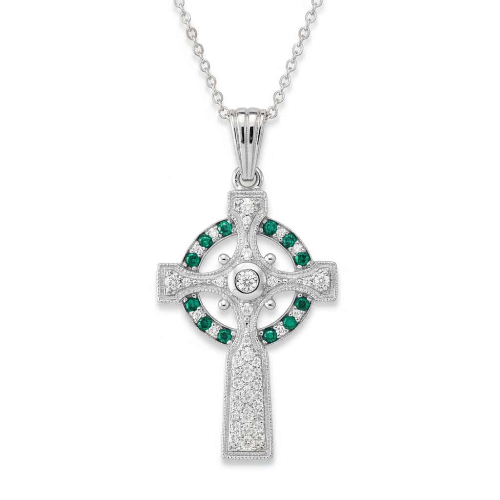 Sterling Silver Celtic Cross with Emerald & White CZ – 18” Chain - Irish Gifts