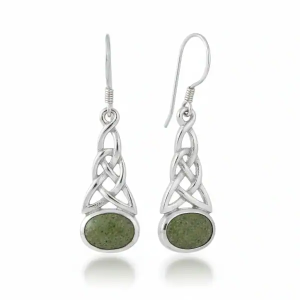Silver Celtic Earrings with Horizontal Connemara Marble Stone - Connemara Marble