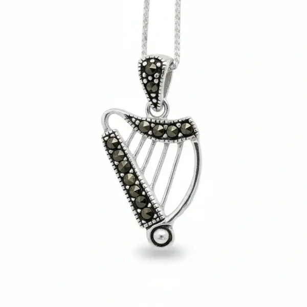 Sterling Silver Irish Harp Pendant with Marcasite Detail - Irish Gifts