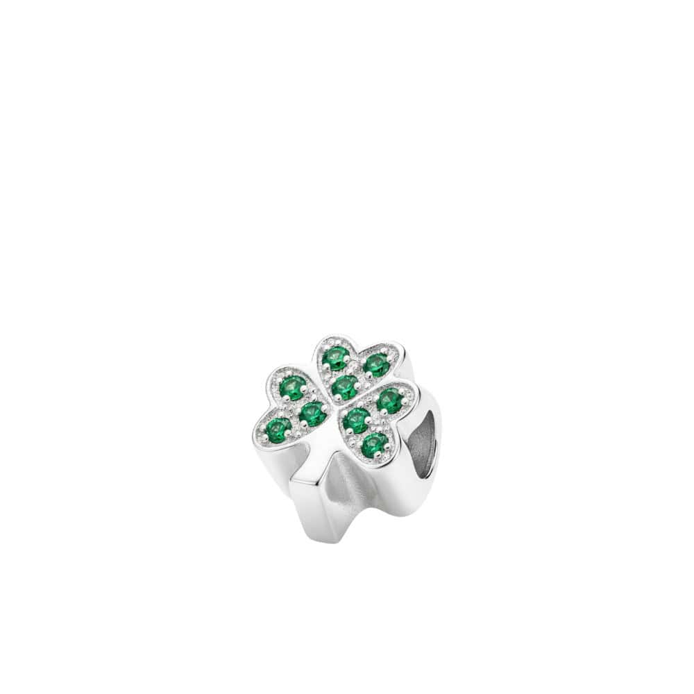 Sterling Silver Shamrock Bead Charm with Green CZ - Irish Gifts