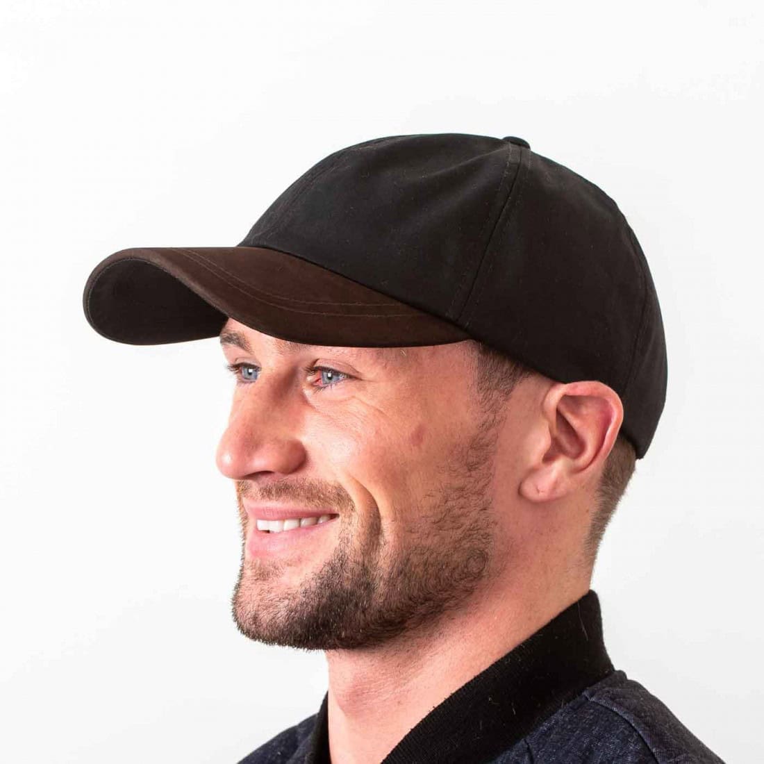 Black Waxed Cotton Baseball Cap with Leather Peak - Hats | Caps | Clothing