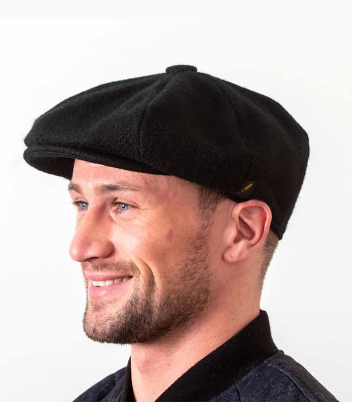 Donegal Tweed Newsboy 8 Panel Cap - Solid Black - Donegal Tweed