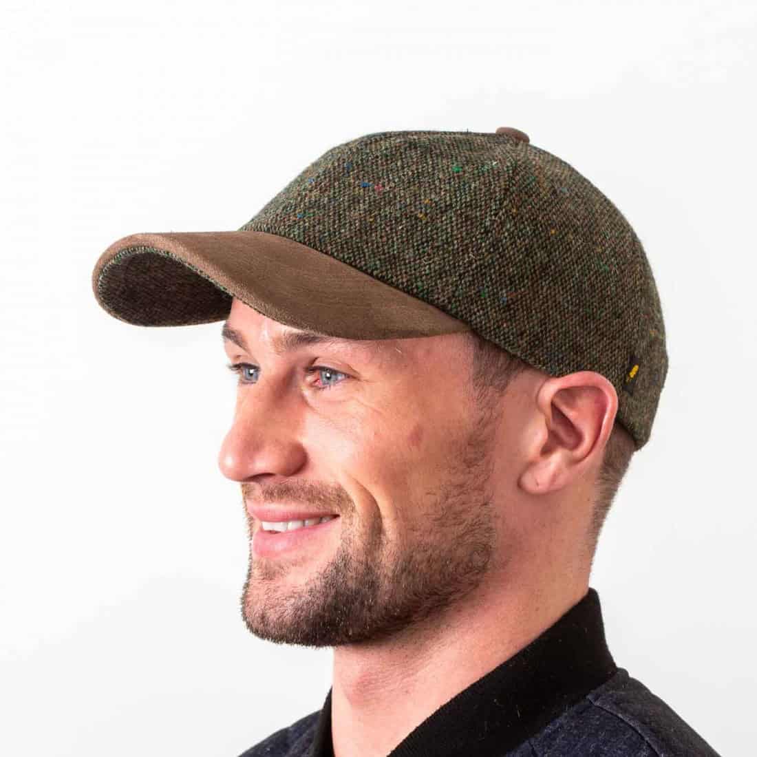 Green Salt & Pepper Donegal Tweed Baseball Cap with Suede Peak - Baseball Caps