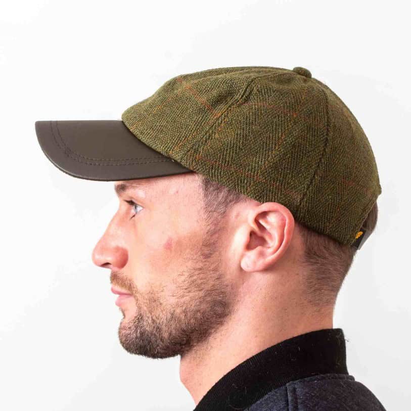 Yorkshire Green Overcheck Tweed Baseball Cap with Leather Peak - Baseball Caps - Image 1