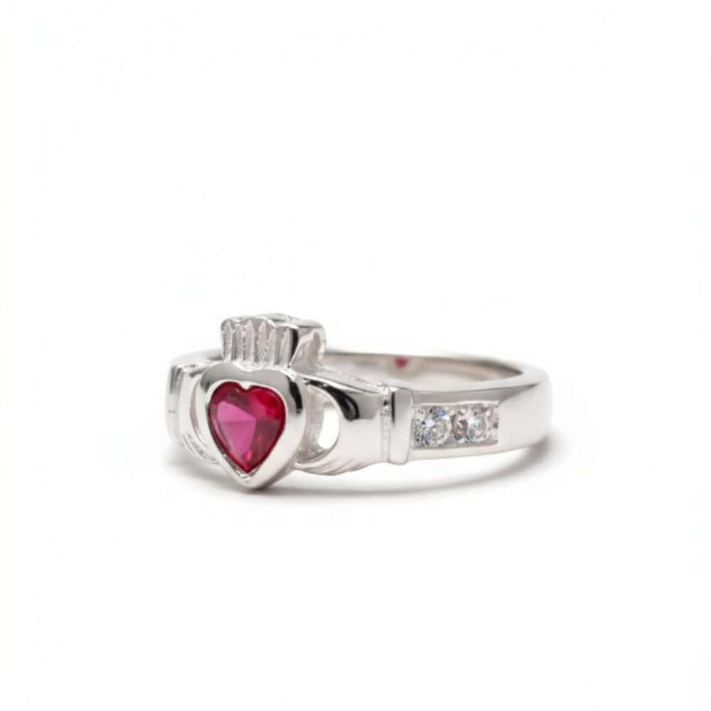July – Sterling Silver Birthstone Claddagh Ring – Ruby CZ - Irish Gifts