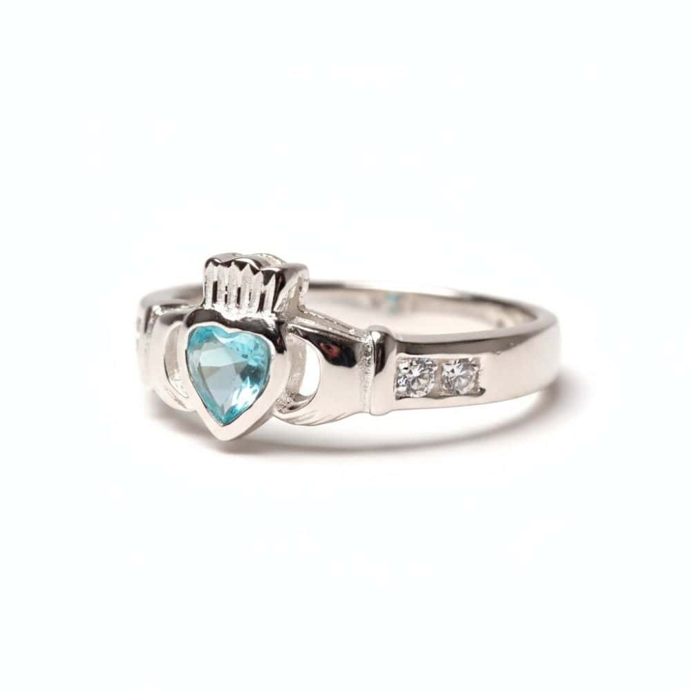 Sterling Silver March Birthstone Claddagh Ring – Aquamarine CZ - Irish Gifts