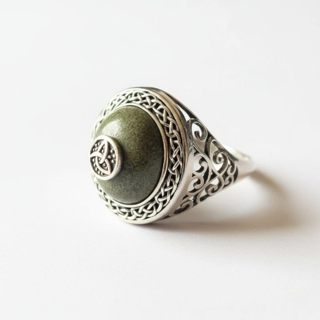 Sterling Silver Connemara Marble & Trinity Knot Ring - Connemara Marble