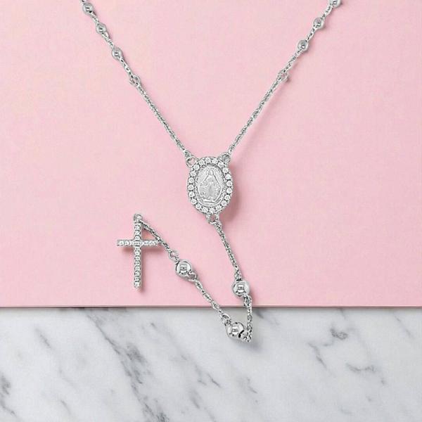 Sterling Silver Rosary Necklace with CZ Cross - Irish Gifts