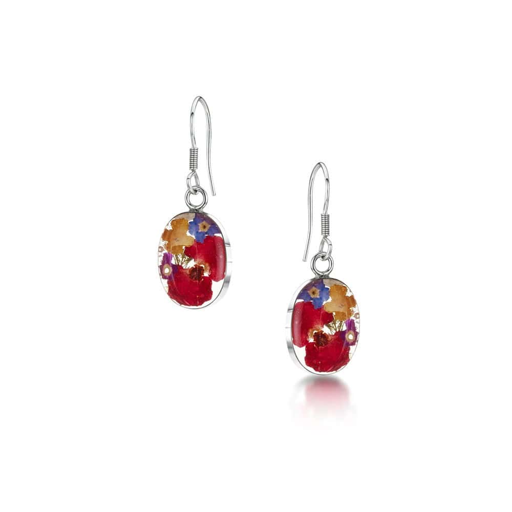 Mixed Flowers Silver Drop Earrings - Oval Design - Real Flowers - Irish Gifts