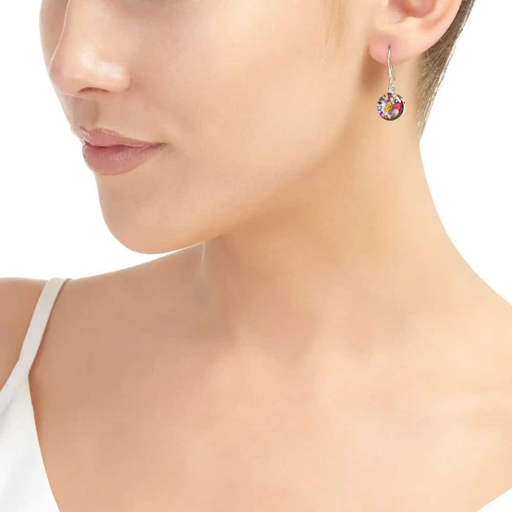 Mixed Flowers Silver Drop Earrings with Real Flowers – Circle Design - Irish Gifts - Image 1