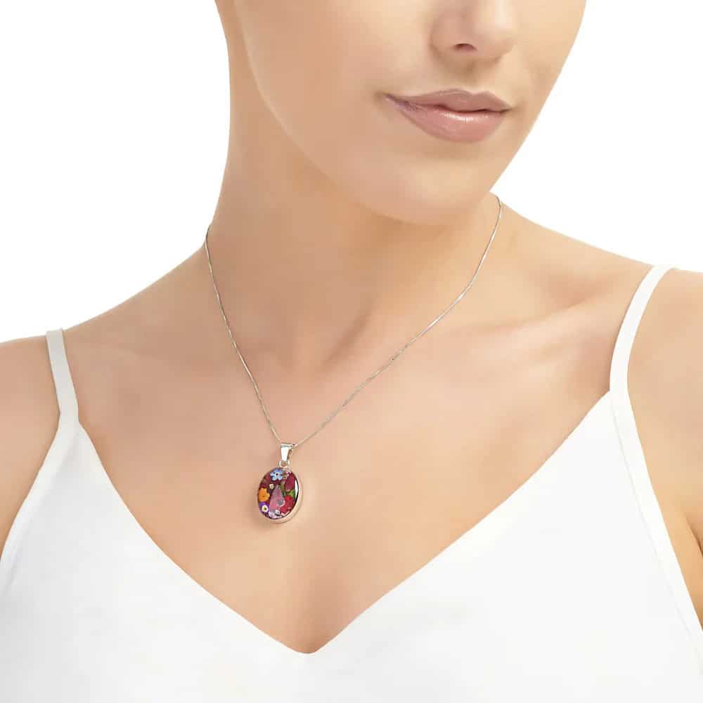 Shrieking Violet Mixed Flowers Oval Pendant – Real Flowers in Silver - Irish Gifts - Image 1