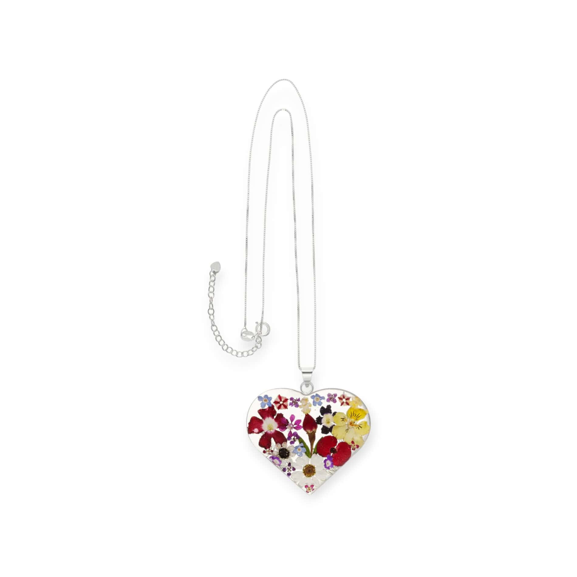 Mixed Flowers Silver Pendant - Heart Shape - Real Flower - Irish Gifts