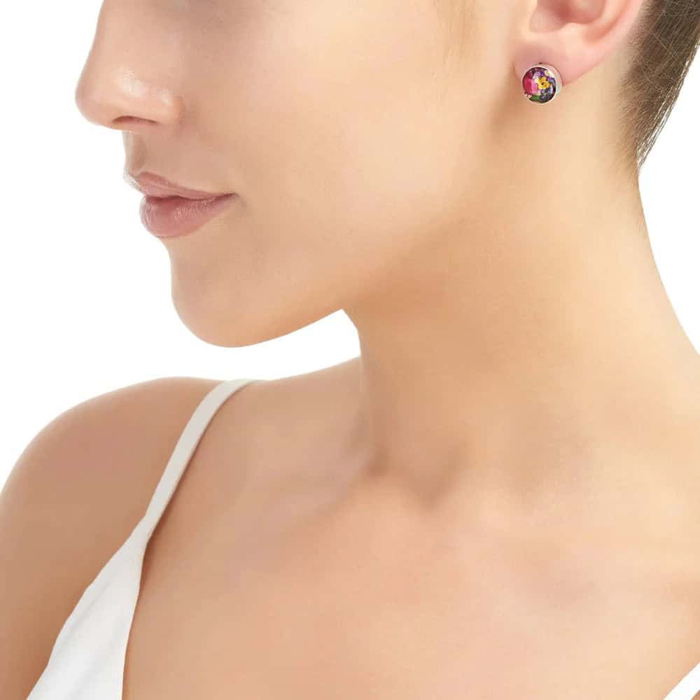 Mixed Flowers Silver Stud Earrings – Small Circles - Real Flowers - Irish Gifts - Image 1