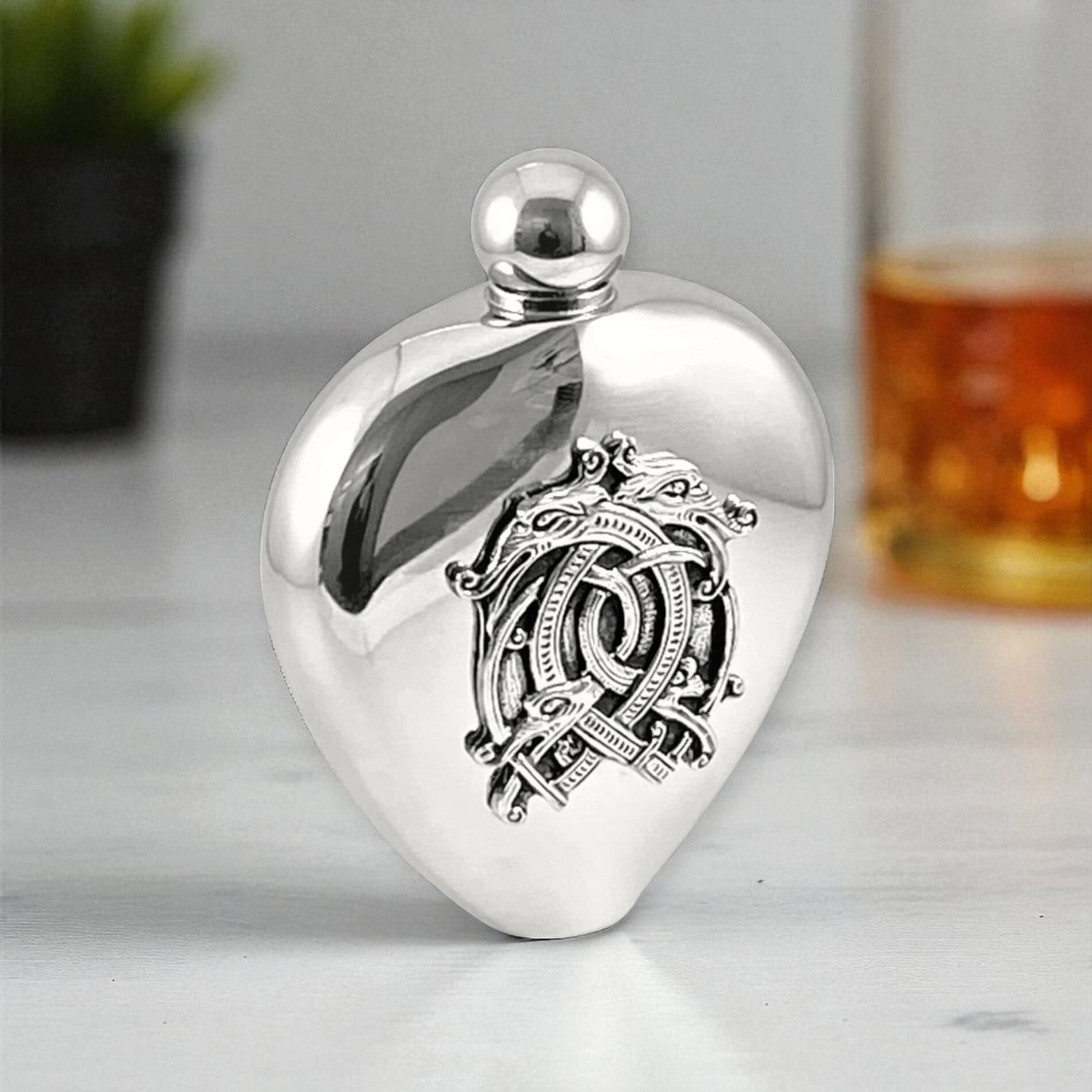 Celtic Dragon Hip Flask – 6oz Mullingar Pewter Stainless Steel - Irish Bar/Guinness
