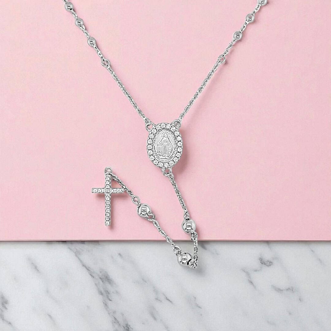 Sterling Silver Rosary Necklace with CZ Cross - Irish Gifts