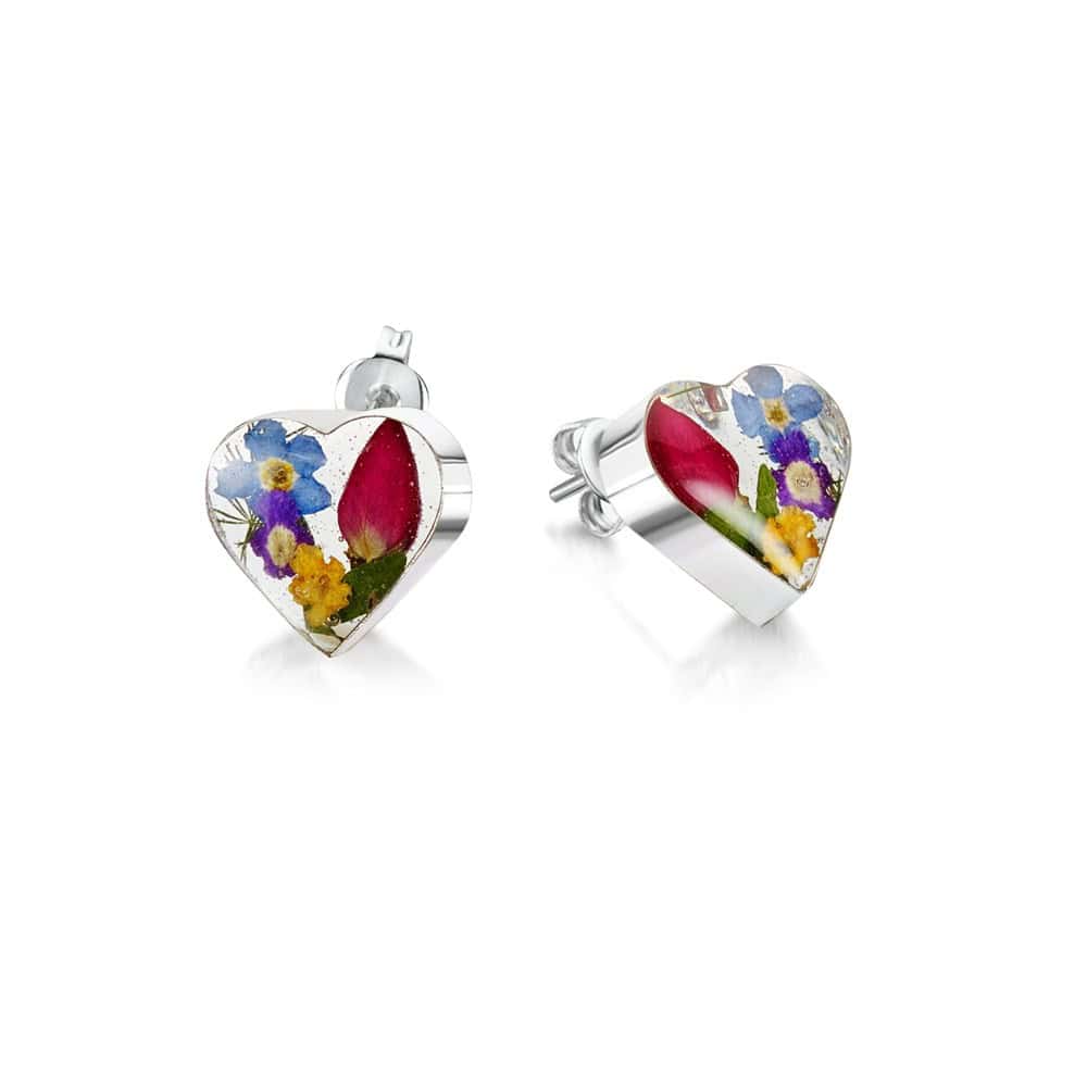 Mixed Flowers Silver Stud Earrings – Small Heart Design - Irish Gifts - Image 3