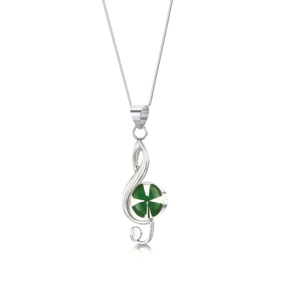 Shrieking Violet Four Leaf Clover Pendant – Silver Treble Clef - Irish Gifts