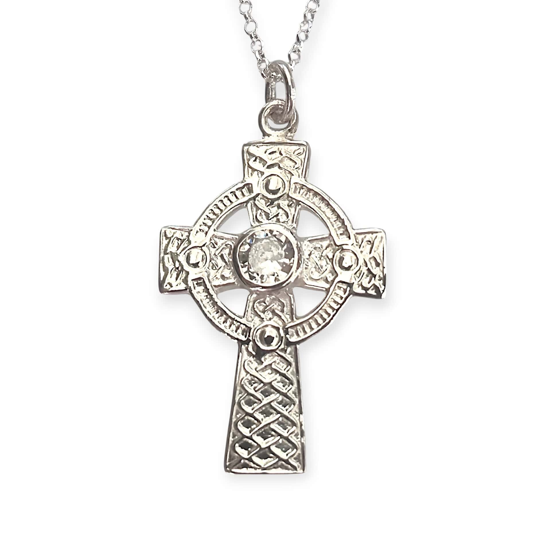 Sterling Silver Celtic Cross with White CZ Stone – 18” Chain - Irish Gifts