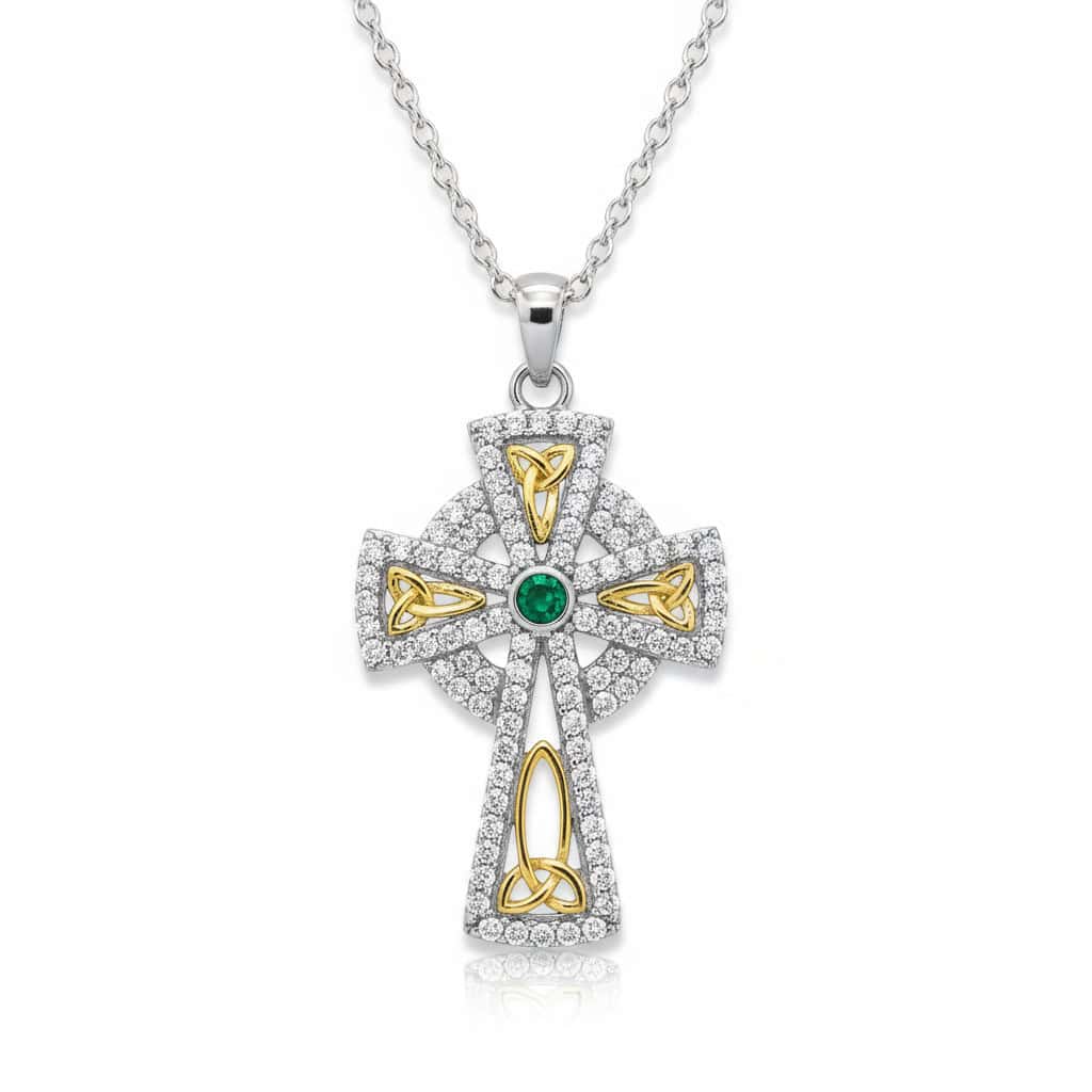 Sterling Silver Celtic Cross with Trinity Knots, Green & White CZ - Irish Gifts