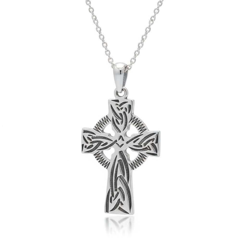 Sterling Silver Celtic Cross - Engraved Trinity Knot – 18” Chain - Irish Gifts