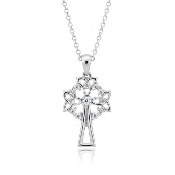 Sterling Silver Celtic Cross with Trinity & White CZ – 18” Chain - Irish Gifts