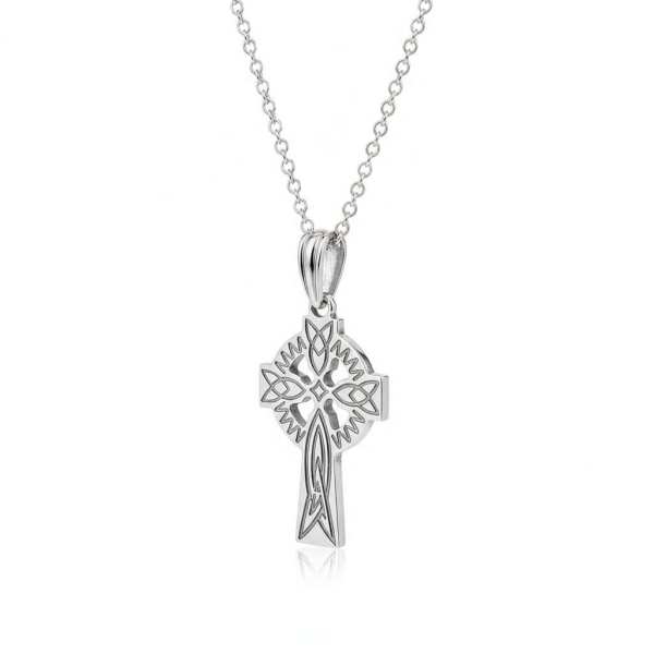 Sterling Silver Small Celtic Cross with Etched Knots – 18” Chain - Irish Gifts