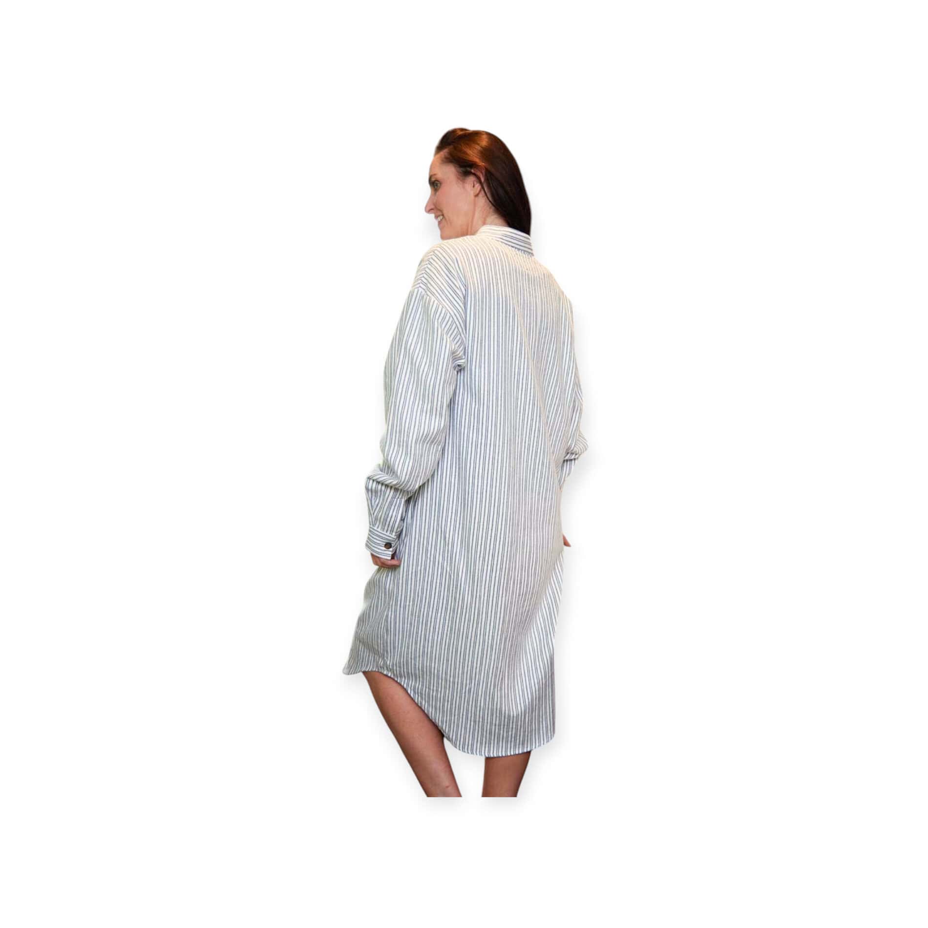 Lee Valley Irish Flannel Nightshirt – Cream and Blue Stripe - Grandfather Shirts - Image 1