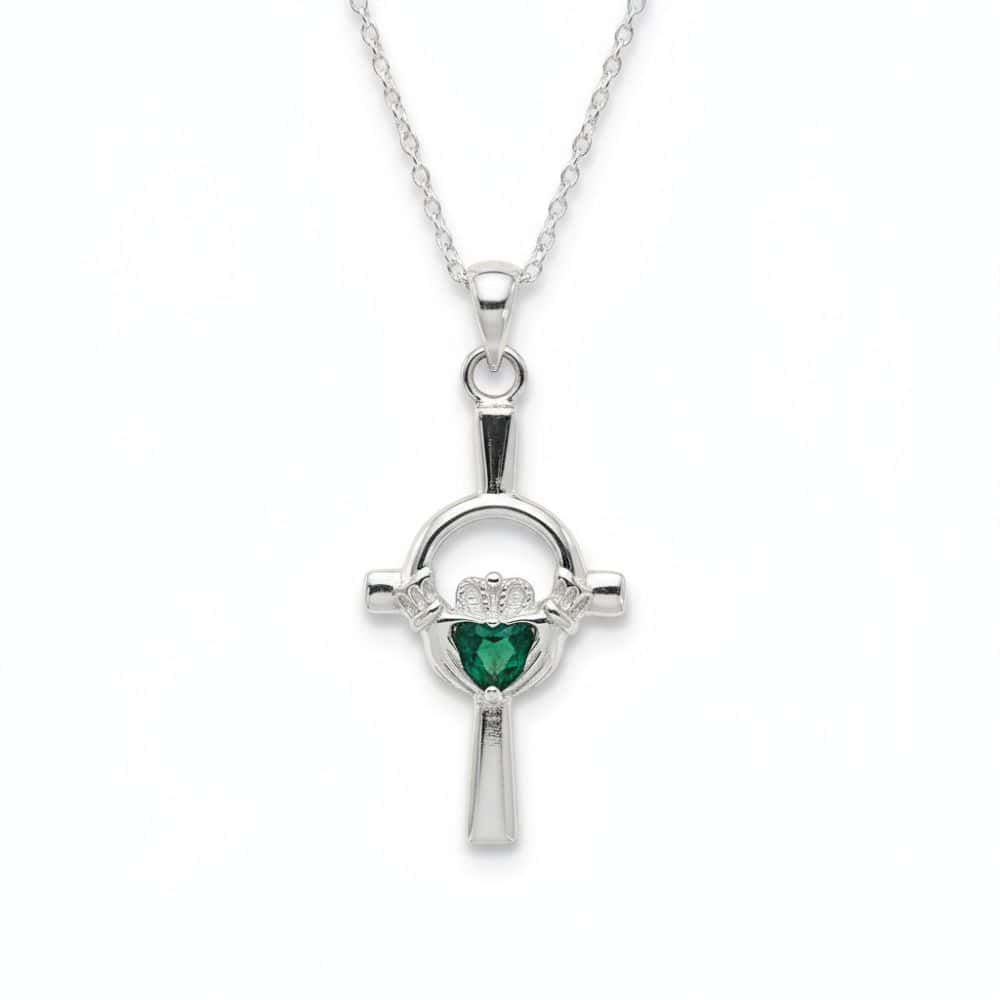 Sterling Silver Celtic Cross with Claddagh and Green Heart - Irish Gifts