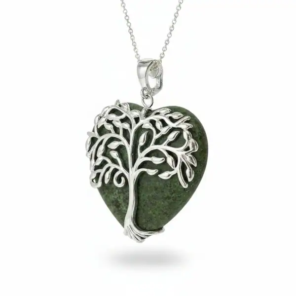 Silver-Plated Connemara Marble Tree of Life Heart Pendant – 35mm - Connemara Marble