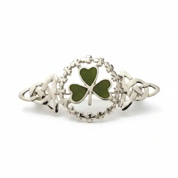 Sterling Silver Connemara Marble Shamrock Brooch – Irish Made - Connemara Marble