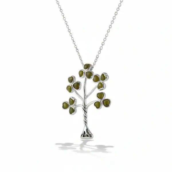 Sterling Silver Connemara Marble Shamrock Tree Pendant–18” Chain - Connemara Marble