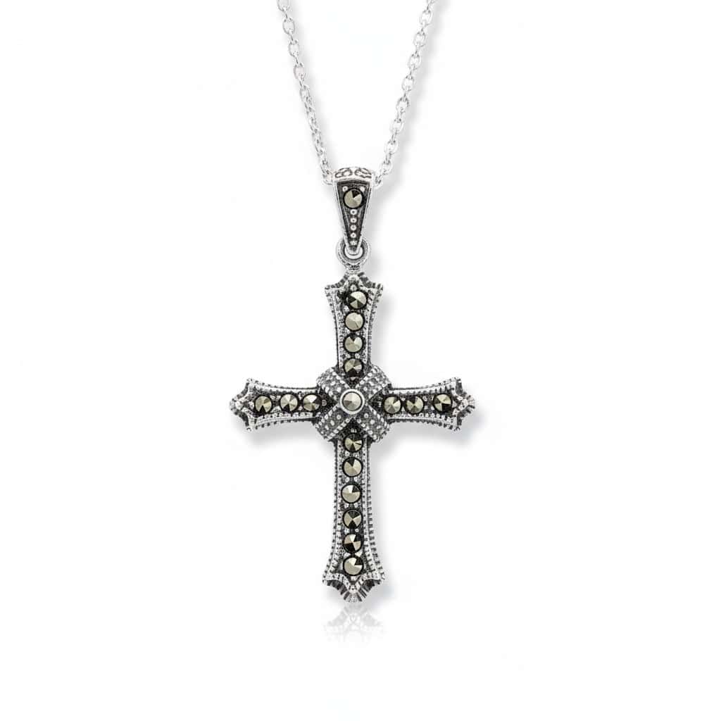 Sterling Silver Cross Pendant with Marcasite Detail – 18” Chain - Irish Gifts